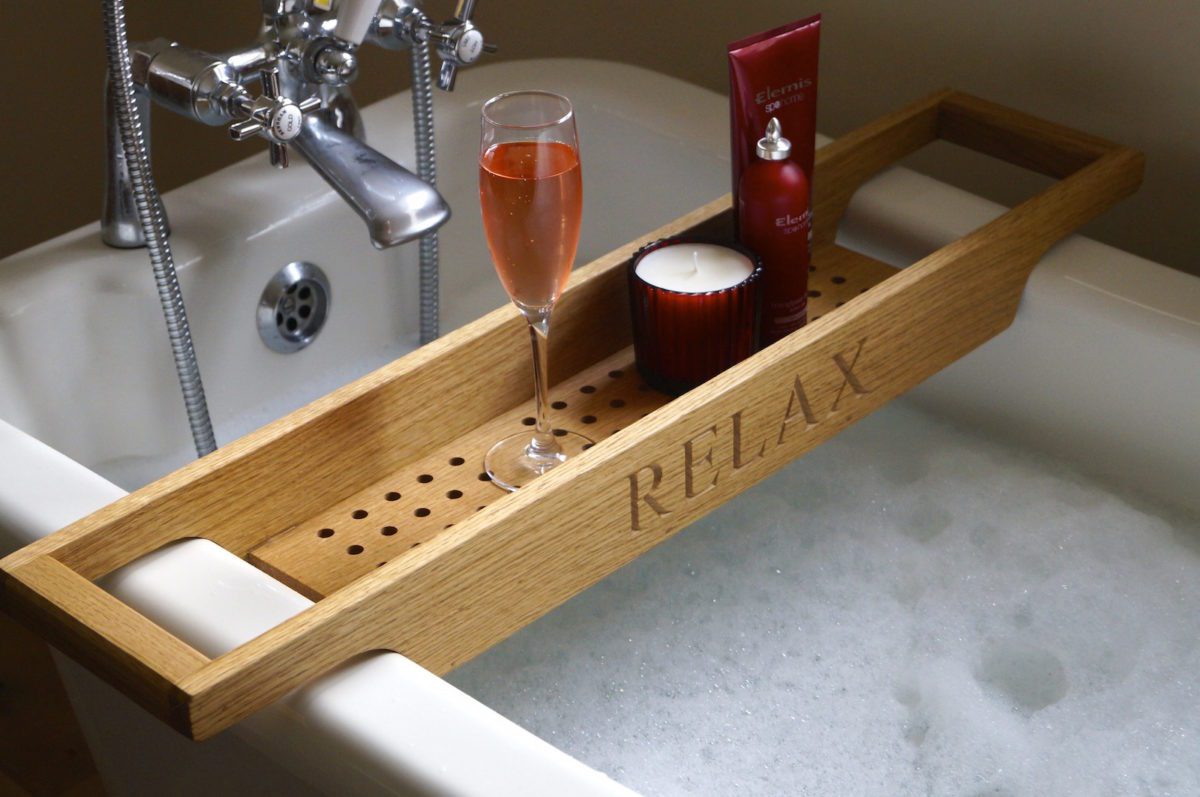 personalised engraved solid oak bath rack